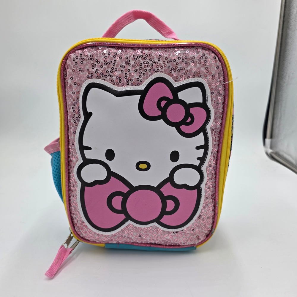 Hello Kitty Pink Sequin Insulated Lunch Bag Sanrio Character Print Blue Yellow